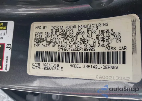 2013 Toyota Corolla S/Le из США, поврежденный, VIN 5YFBU4EE5DP199003